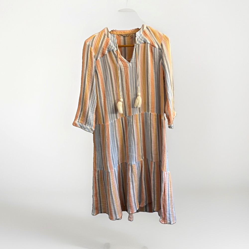 Soft Surroundings Womens M Striped V-Neck 3/4 Sleeve Tassel Beaded Dress